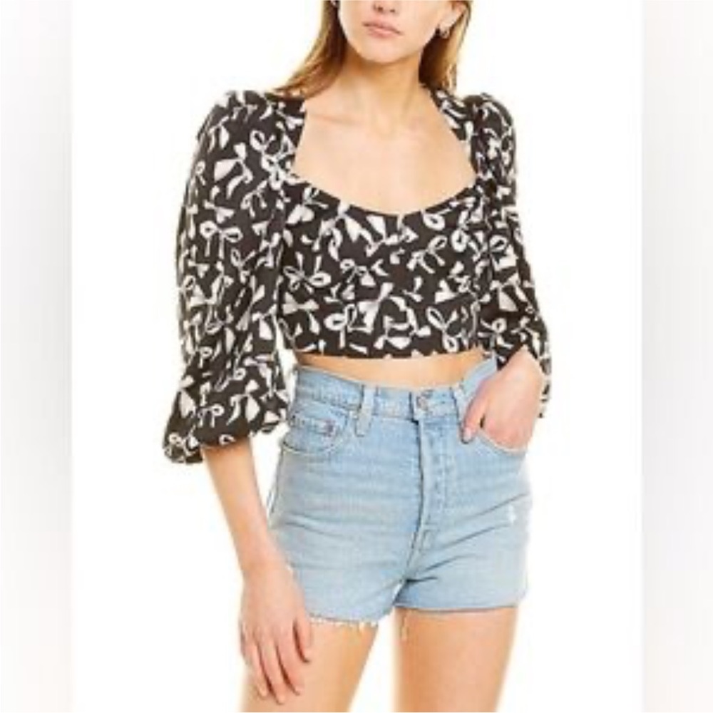 302 For Love & Lemons Angelica Bow Crop Top Black White Puff Sleeve XS